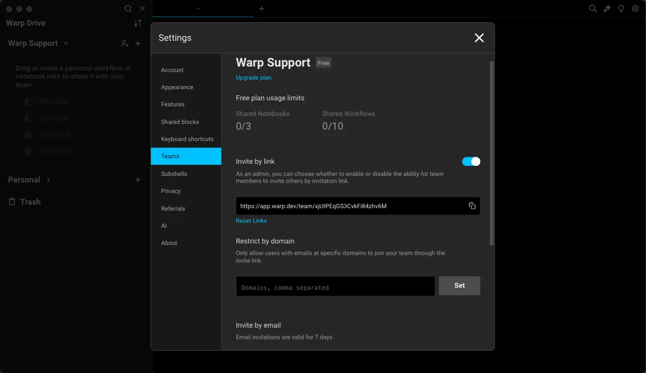 Teams settings panel